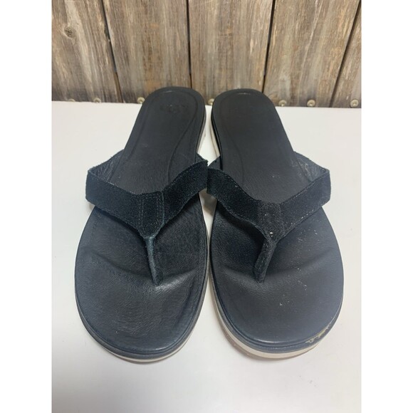 UGG Australia Womens Lorrie Flip Flop Sandals Black Suede Flat Heel Slip On 9 - Picture 2 of 7